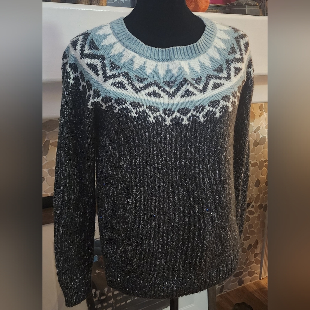 Loft Women's Black, Blue, White Patterned Sweater With Small Black Sequins SX